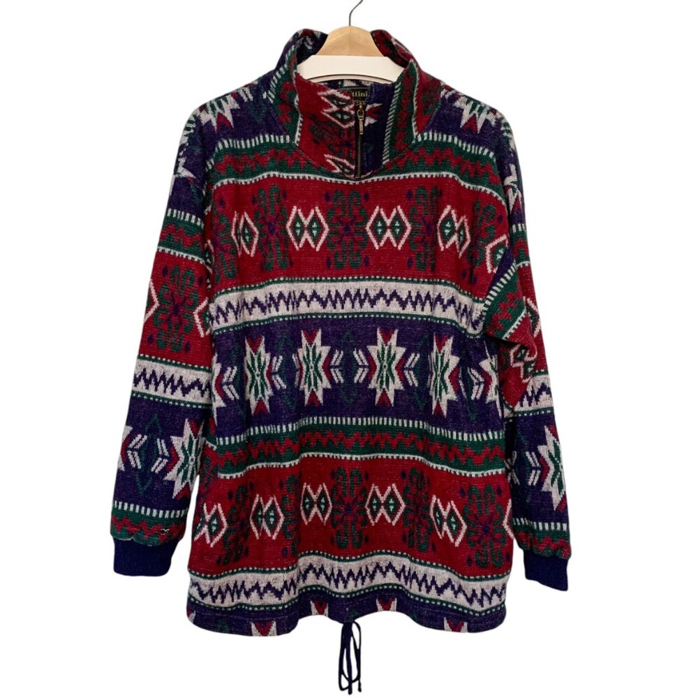 90s Vintage Bruttini Uomo Men's Geometric Mock Neck 3/4 Zip Fleece Sz Large